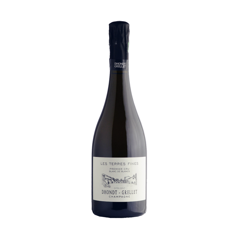 A bottle of Dhondt-Grellet, 'Les Terres Fines' 1er Cru Blanc de Blancs Extra Brut champagne with a label in black and white.